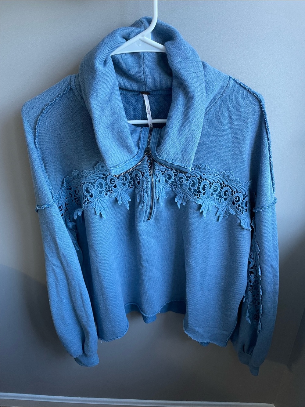 Free People Sky Blue Lace-Trim Quarter Zip Sweater Size S